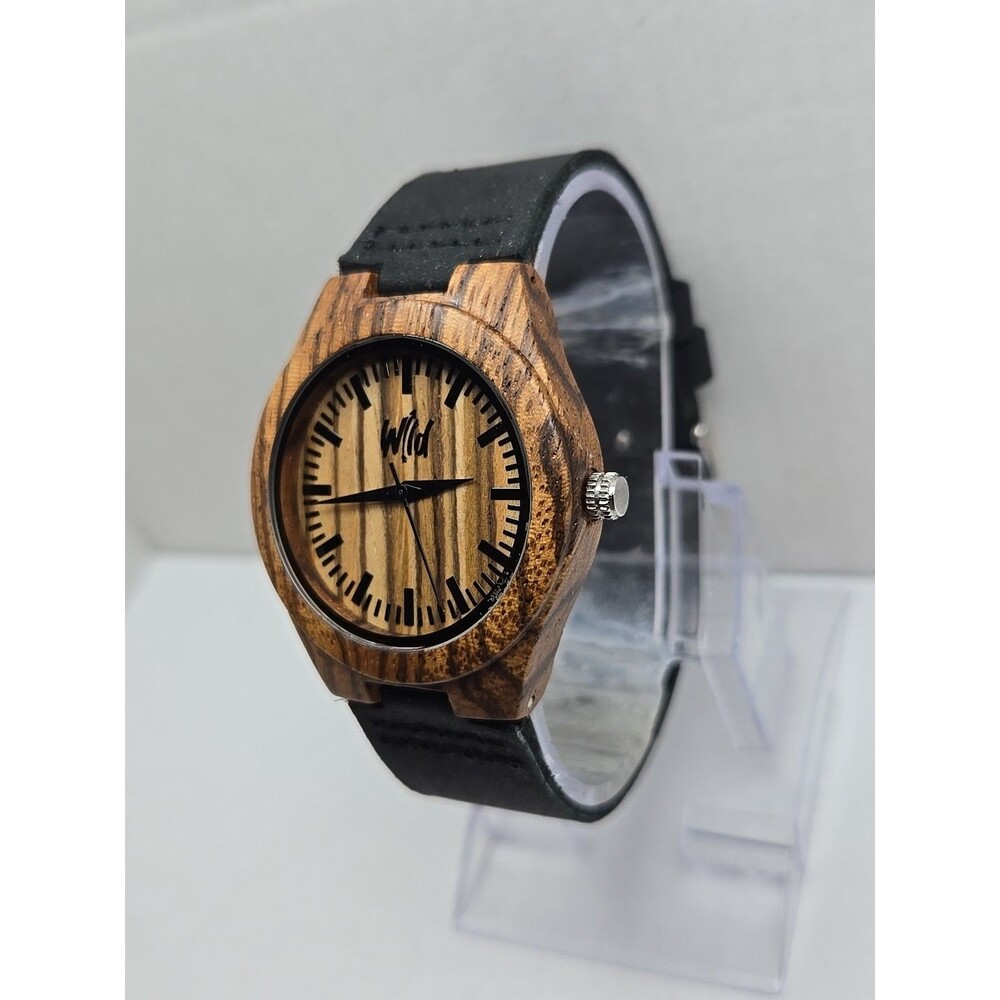 Wild Wooden Quartz Watch Zebrawood Dial Leather Strap Minimalist New Battery - Picture 2 of 10